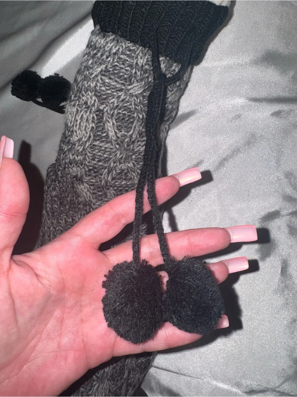 Jane and Bleecker Gray and Black Knit Pom-Pom Fleece-Lined Slipper Socks